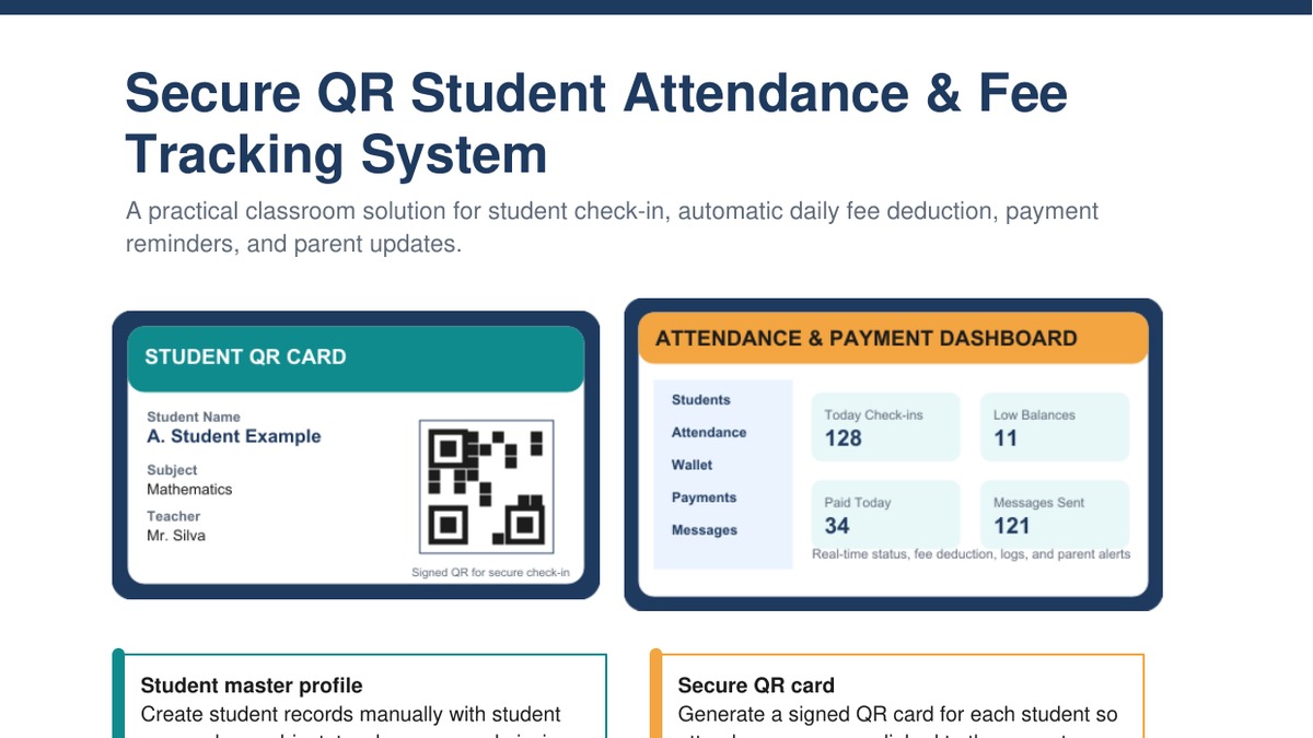Secure QR student attendance and fee tracking dashboard preview